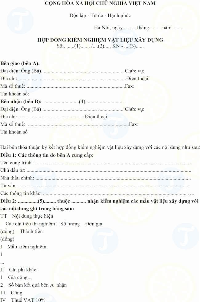 Mẫu hợp đồng kiểm nghiệm vật liệu xây dựng