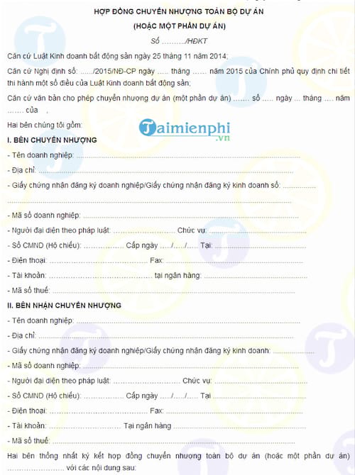 mau hop dong chuyen nhuong toan bo du an