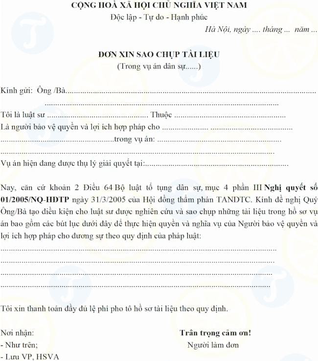 Mẫu đơn xin sao chụp tài liệu vụ án dân sự