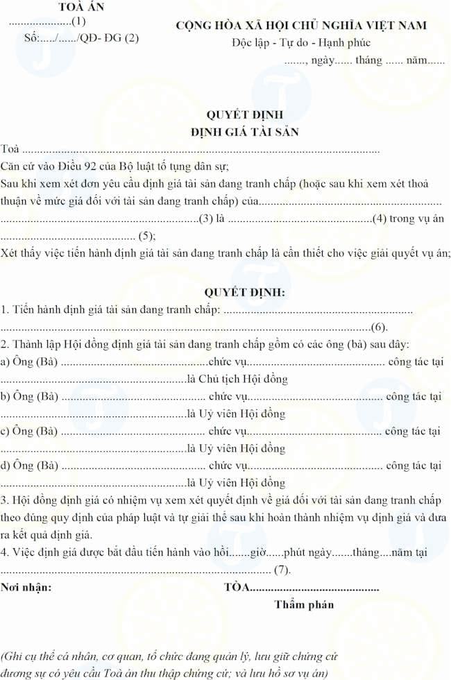 Mẫu quyết định định giá tài sản