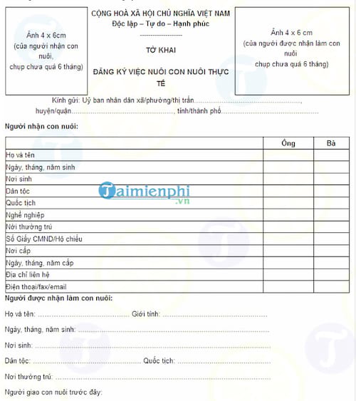 Mẫu tờ khai đăng ký việc nuôi con nuôi thực tế