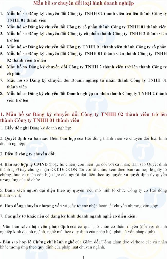 Mẫu hồ sơ chuyển đổi loại hình doanh nghiệp