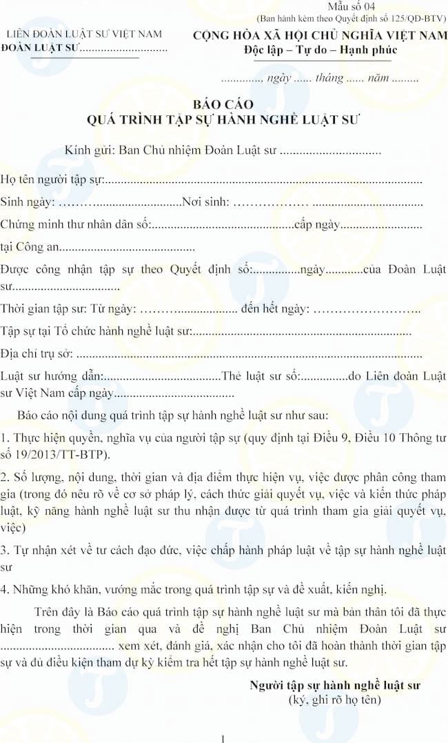 Mẫu báo cáo tập sự hành nghề luật sư