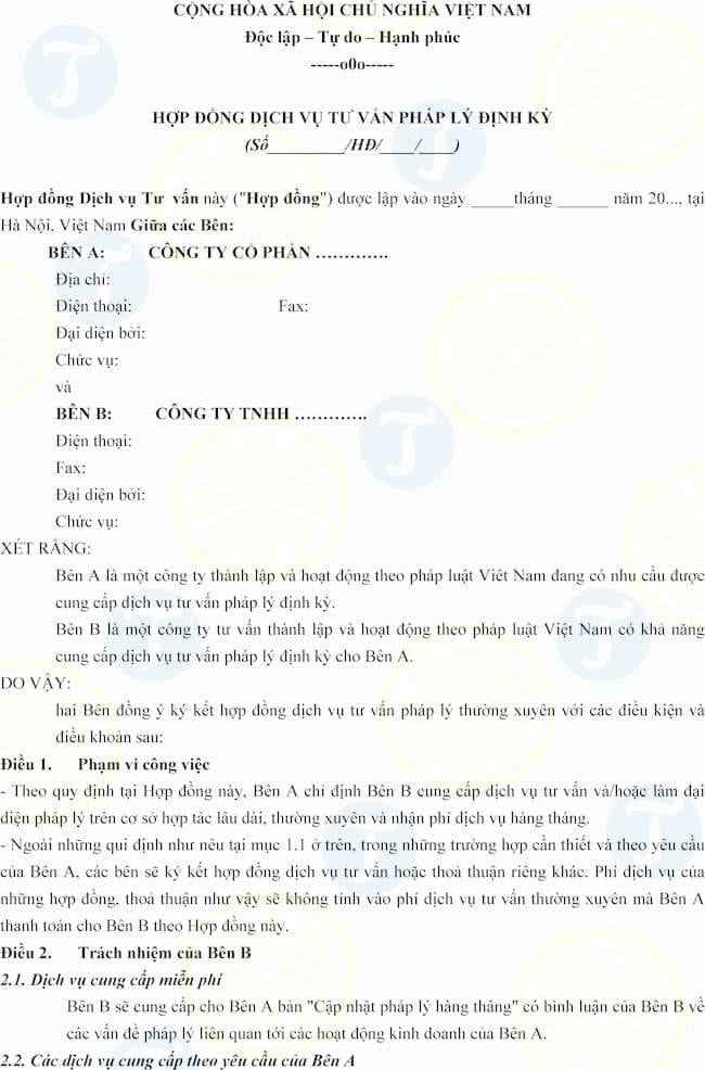 Mẫu hợp đồng dịch vụ tư vấn pháp lý định kỳ