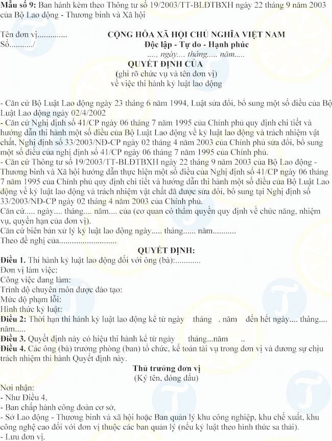 mau quyet dinh thi hanh ky luat