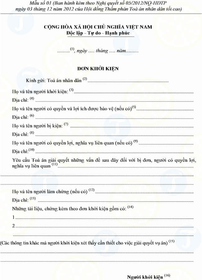 Mẫu đơn khởi kiện