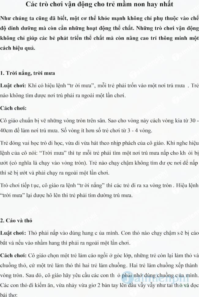 Các trò chơi vận động cho trẻ mầm non hay nhất