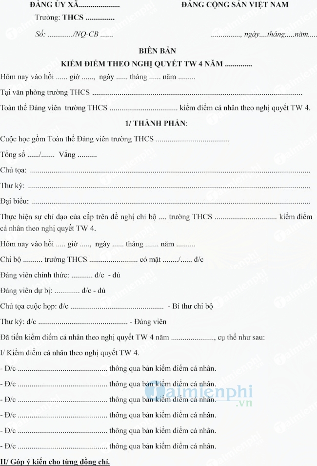 Mẫu biên bản góp ý Đảng viên theo Nghị quyết Trung ương 4