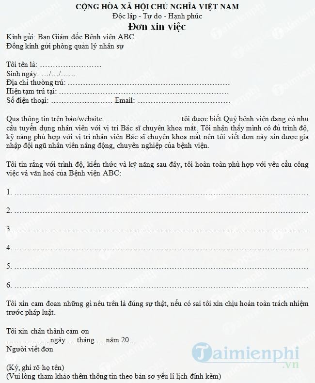Đơn xin việc Bác sĩ chuyên khoa mắt