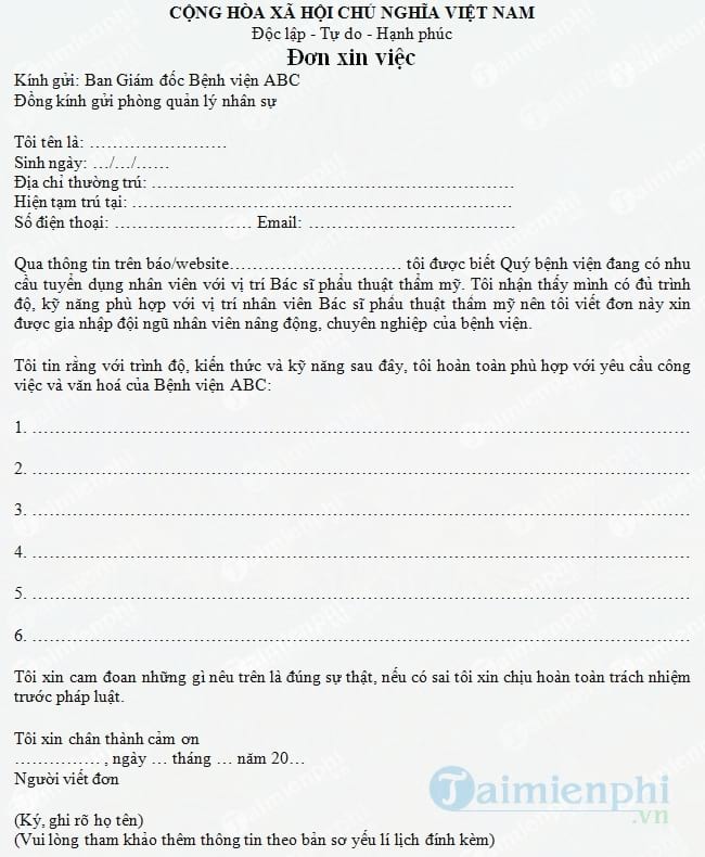 Đơn xin việc Bác sĩ phẫu thuật thẩm mỹ