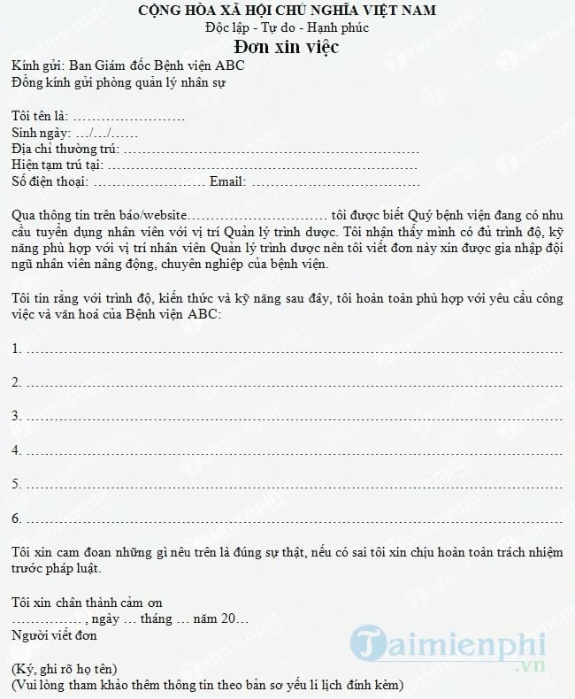 Đơn xin việc quản lý trình dược