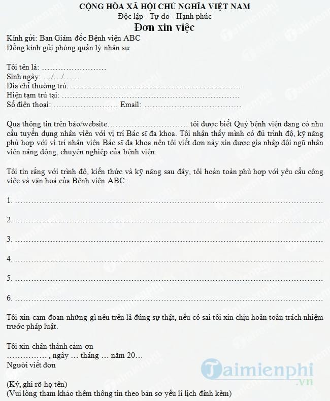 Đơn xin việc Bác sĩ đa khoa