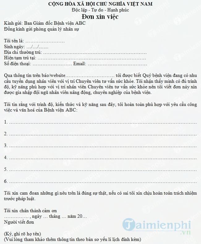Đơn xin việc chuyên viên tư vấn sức khỏe