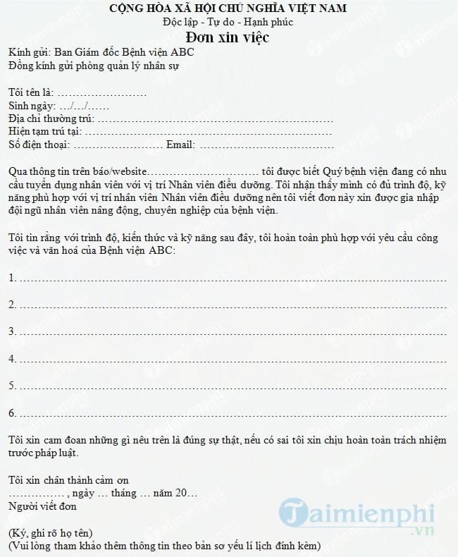 Đơn xin việc nhân viên điều dưỡng