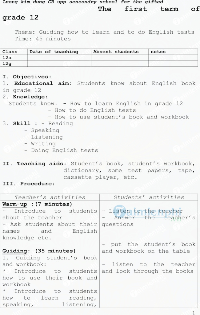 Giáo án Tiếng Anh lớp 12 ban Cơ bản