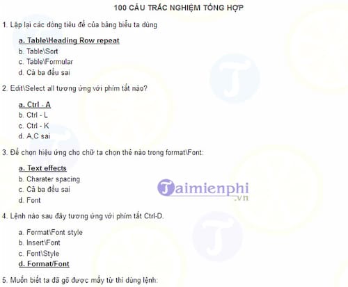 100 câu hỏi trắc nghiệm Tin học văn phòng