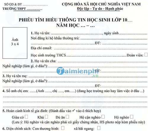 Mẫu phiếu tìm hiểu thông tin học sinh lớp 10
