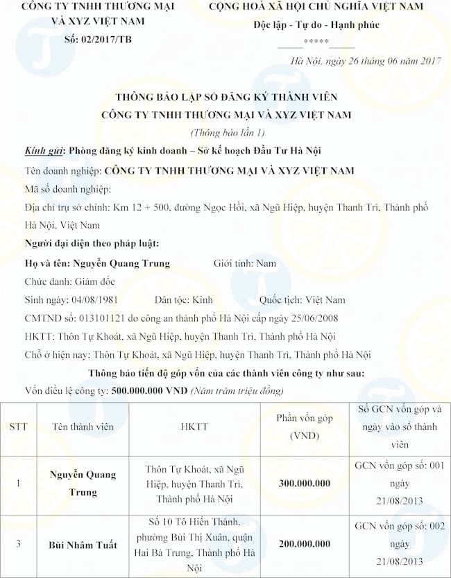 Mẫu thông báo lập sổ thành viên cổ đông công ty