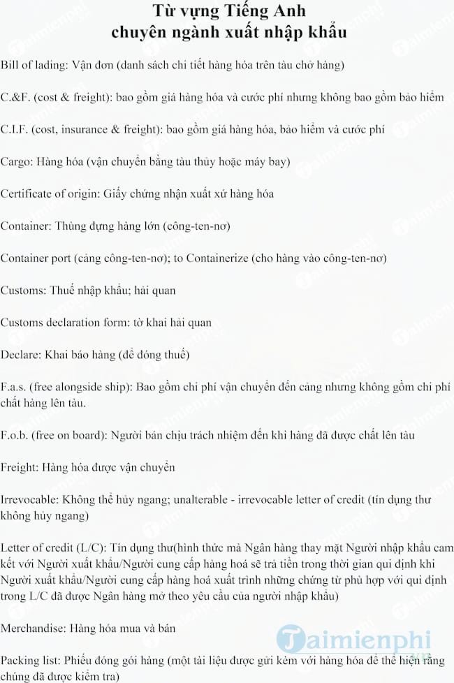 Từ vựng Tiếng Anh chuyên ngành Xuất nhập khẩu