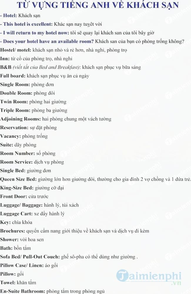 Từ vựng Tiếng Anh về khách sạn