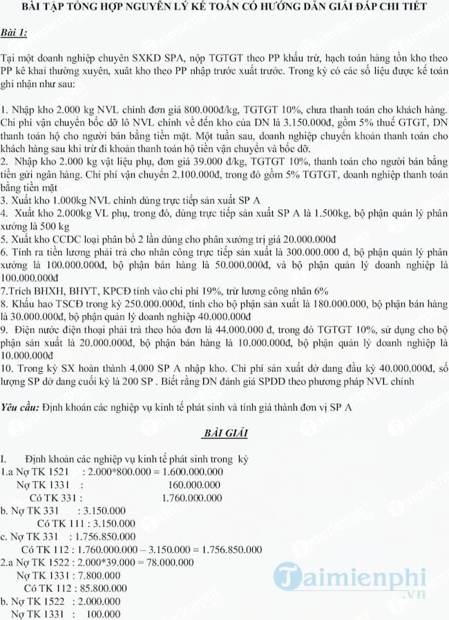 Bài tập tổng hợp Nguyên lý Kế toán