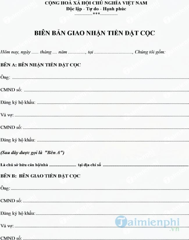 Mẫu biên bản giao nhận tiền đặt cọc
