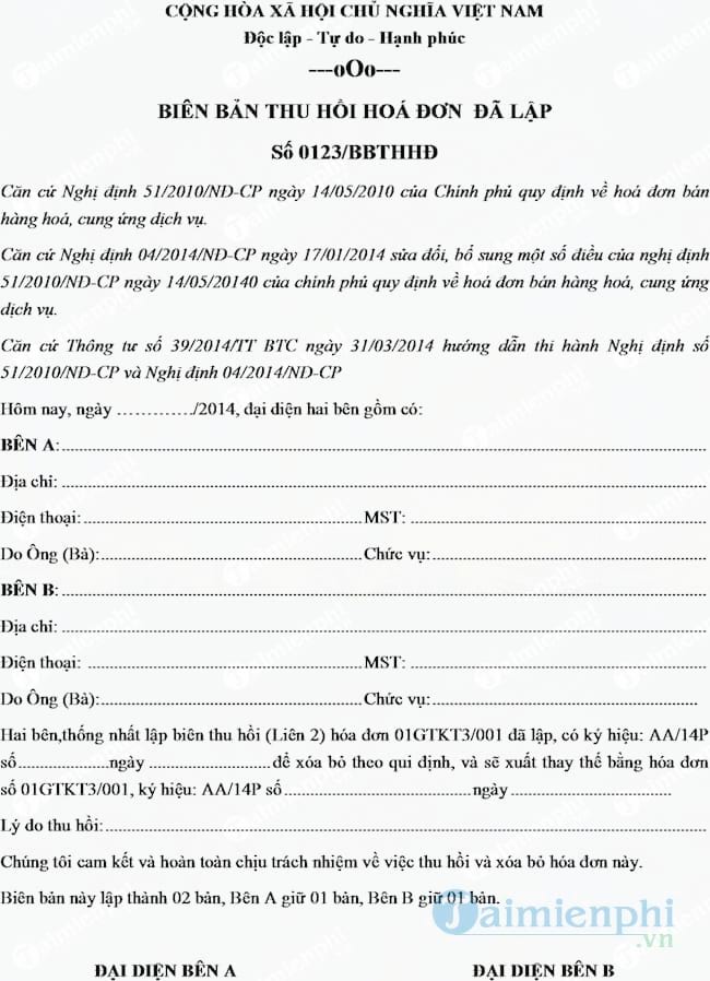 Mẫu biên bản thu hồi hóa đơn đã lập