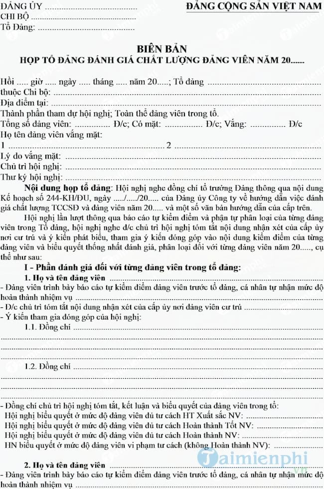 Biên bản họp tổ đảng đánh giá chất lượng Đảng viên cuối năm