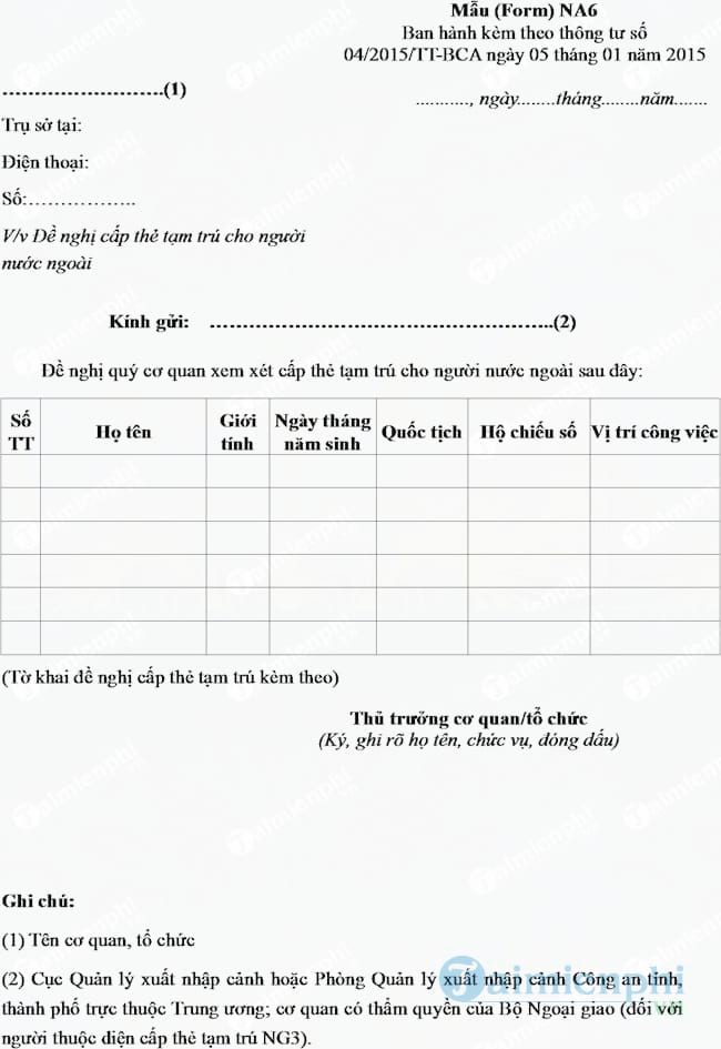 Công văn đề nghị cấp thẻ tạm trú