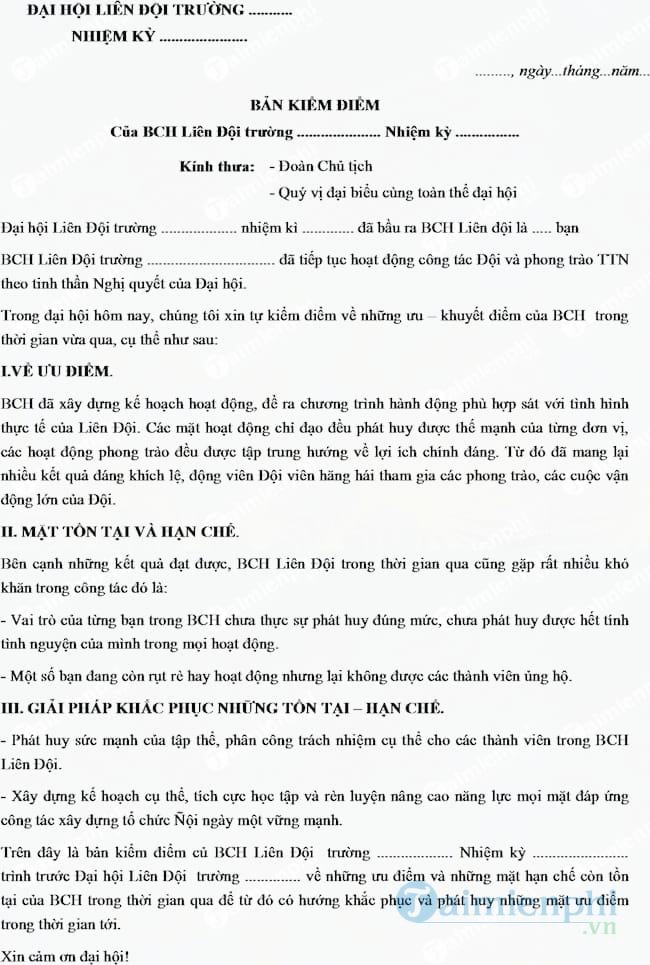 Mẫu bản kiểm điểm ban chỉ huy liên đội