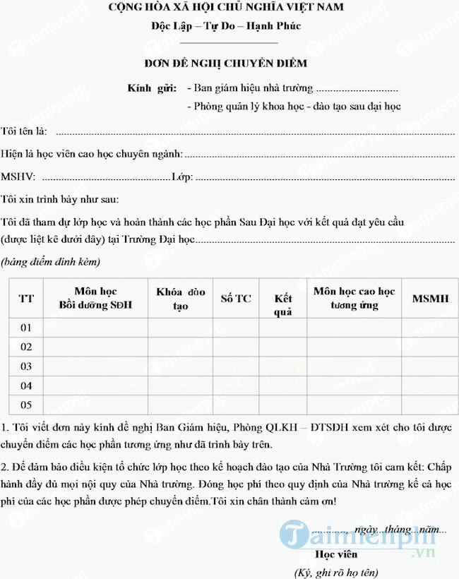 Đơn đề nghị chuyển điểm
