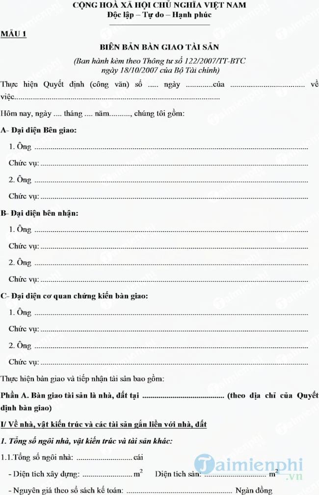 Mẫu biên bản bàn giao