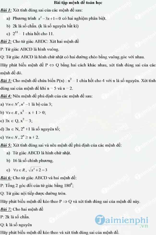 Bài tập mệnh đề toán lớp 10