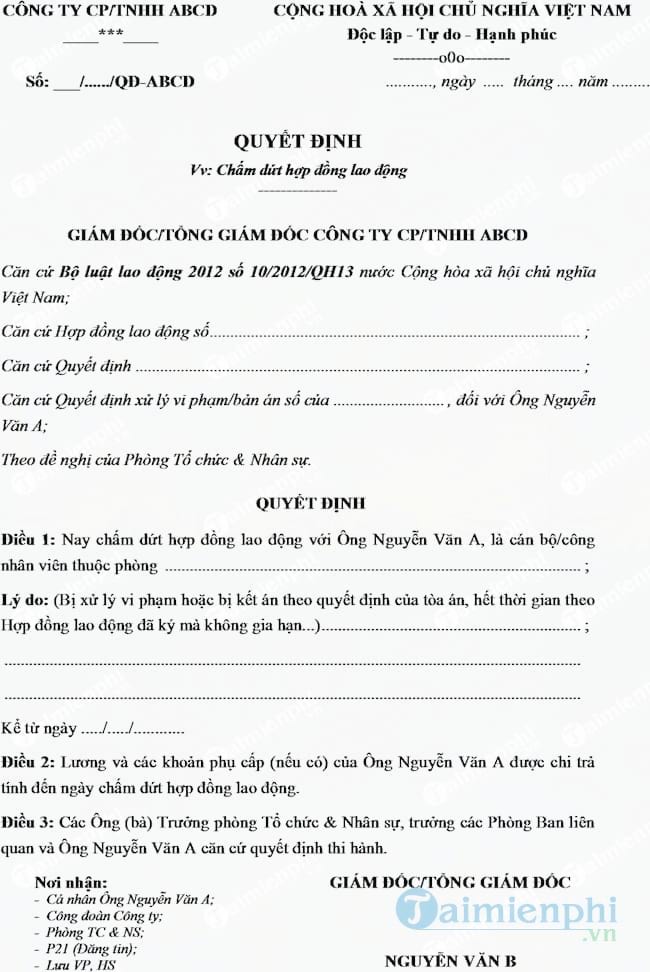 Mẫu Quyết định chấm dứt hợp đồng lao động