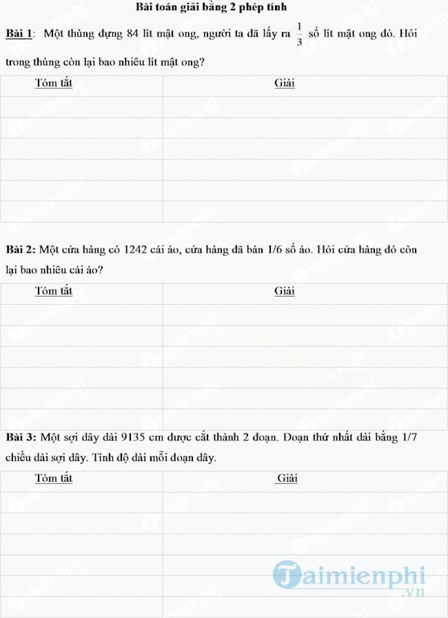 Bài toán giải bằng hai phép tính lớp 3