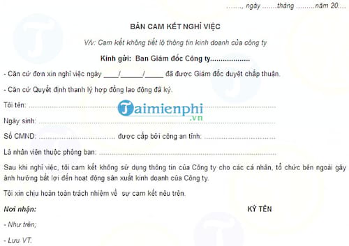 Mẫu bản cam kết nghỉ việc