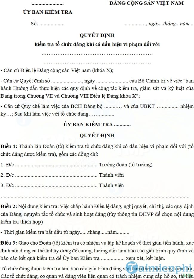 Mẫu quyết định kiểm tra tổ chức Đảng khi có dấu hiệu vi phạm