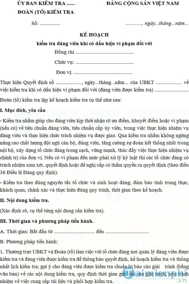 Mẫu kế hoạch kiểm tra Đảng viên khi có dấu hiệu vi phạm