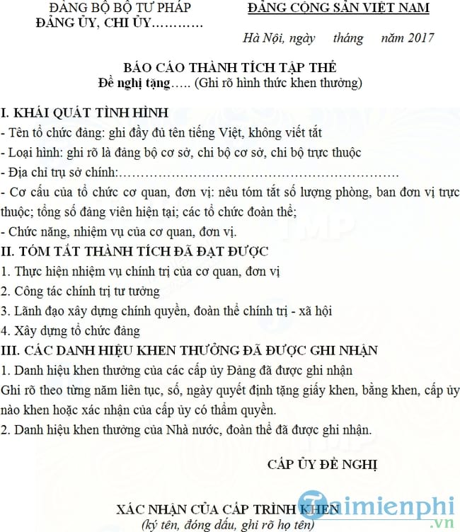 Báo cáo thành tích tập thể dùng cho tổ chức Đảng