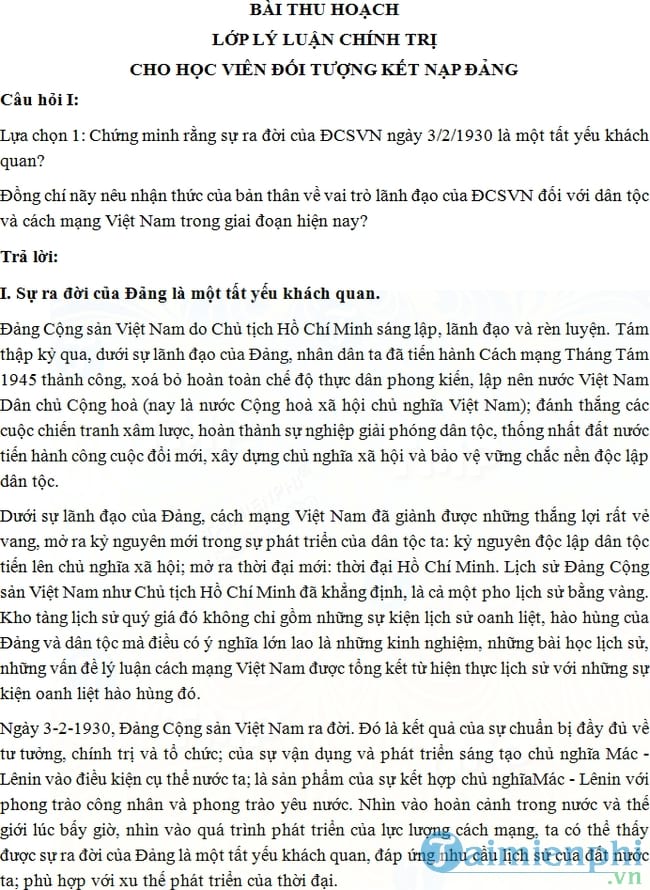 Bài thu hoạch lớp lý luận chính trị cho học viên kết nạp Đảng