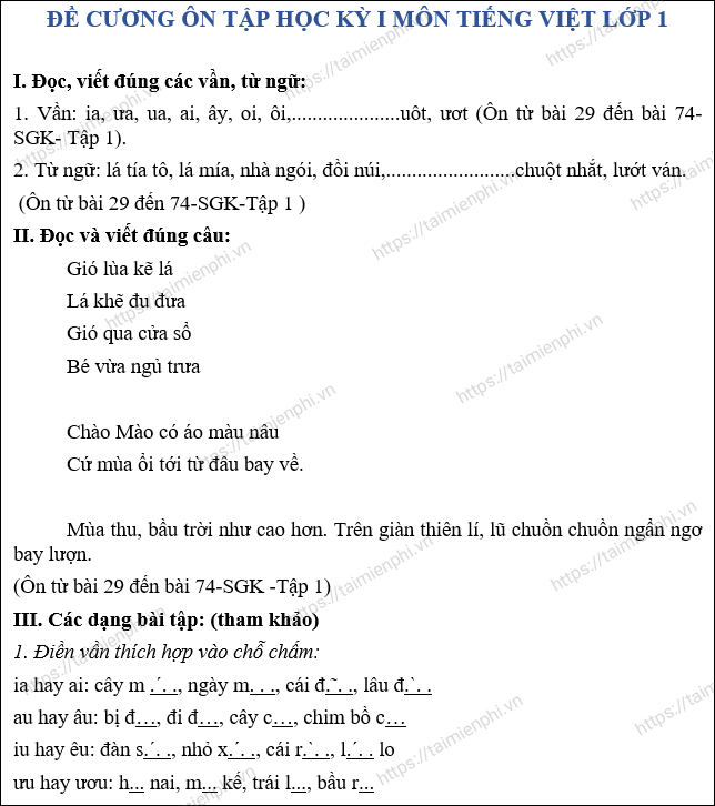 de cuong on tap hoc ki 1 mon toan tieng viet lop 1