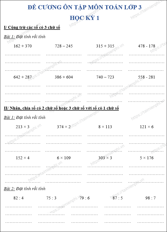 de cuong on tap hoc ki 1 mon toan lop 3