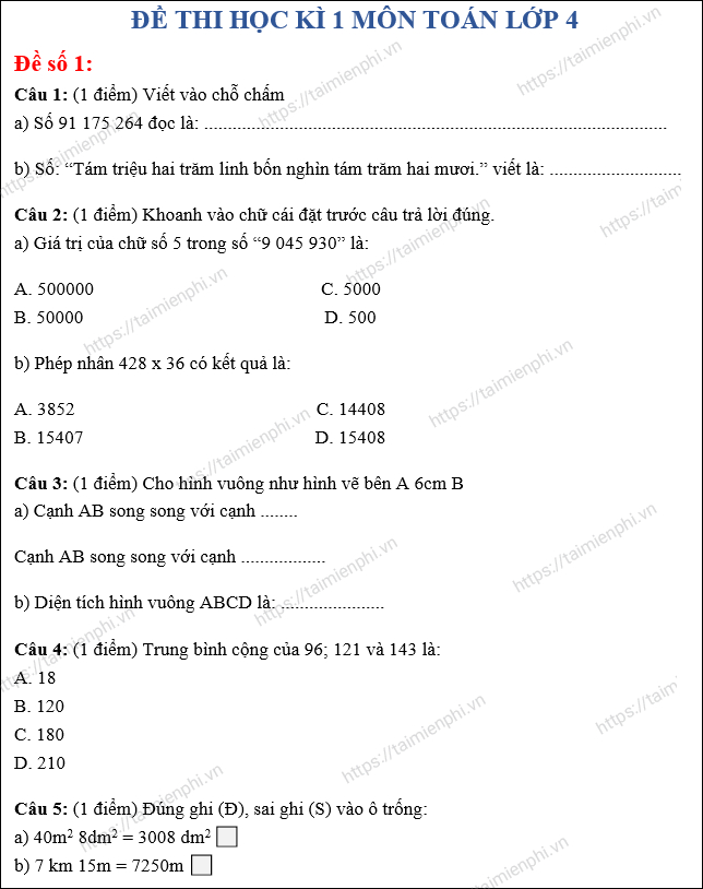 de thi hoc ki 1 mon toan lop 4