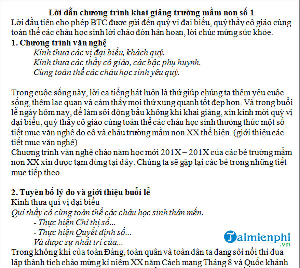 kich ban chuong trinh le khai giang nam hoc moi mam non