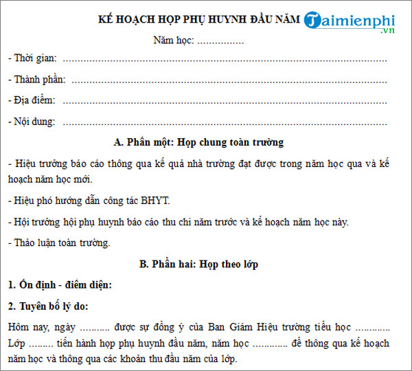 mau noi dung hop phu huynh dau nam hoc