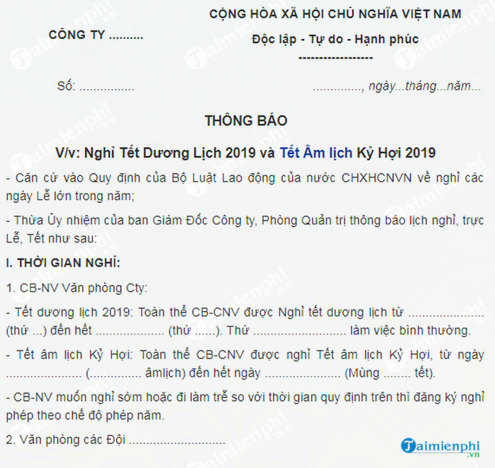 mau thong bao nghi tet noi bo cua cong ty