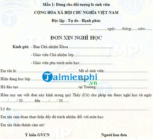 Đơn xin nghỉ học sinh viên
