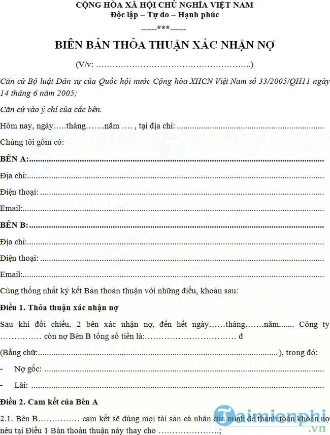 Biên bản thỏa thuận xác nhận nợ