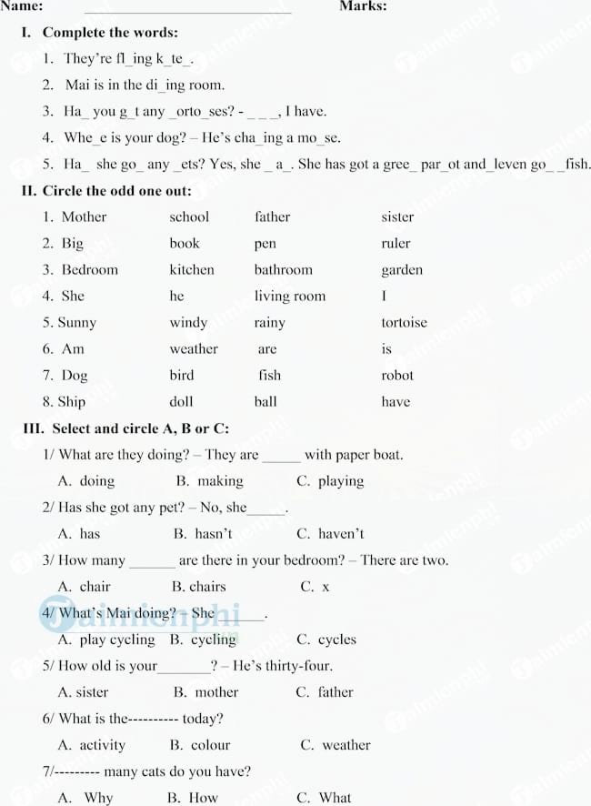 Bài tập Tiếng Anh lớp 3 tổng hợp