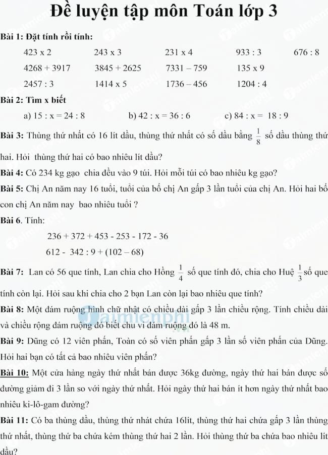 Bài tập ôn hè môn Toán lớp 3 lên lớp 4